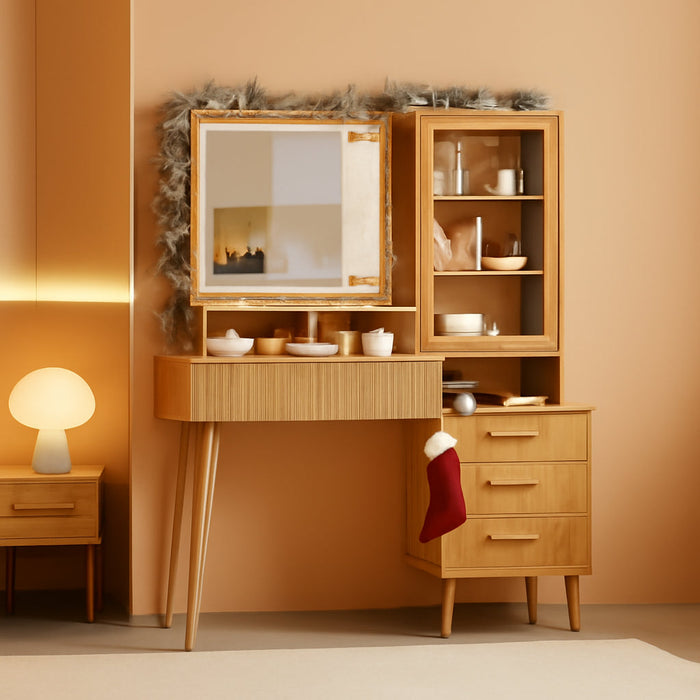 Vanity Desk with LED Lights Mirror & Power Outlet, Big Modern Fluted Vanity Desk with 24 in Hd Lighted Mirror, 5 Drawers and Storage Shelf, Dressing Table for Women Girls