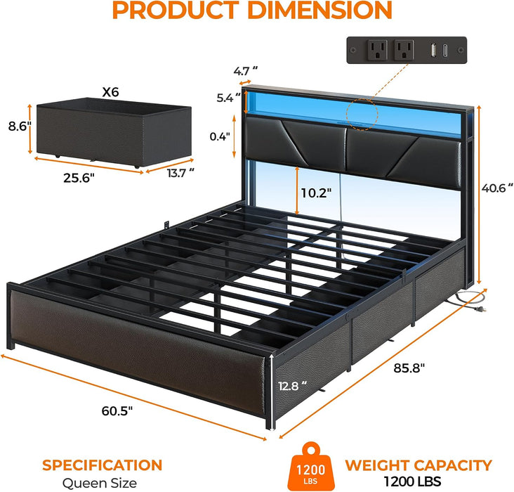 Queen Bed Frame with Storage Headboard, 6 Drawers, LED & Charging