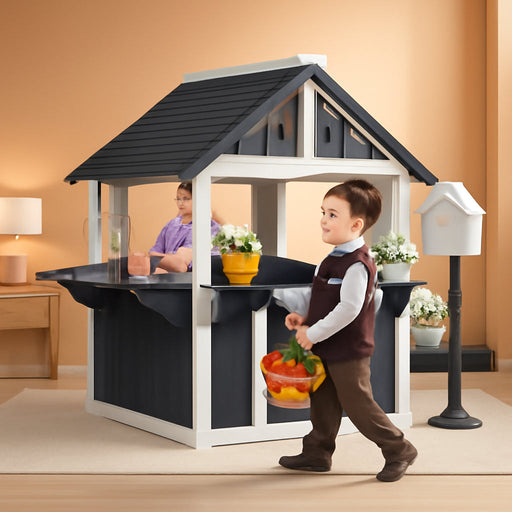 Kids Wooden Playhouse for Outdoor, Cottage with Sink, Picnic Table, Mailbox, Flowerpot Holders, Age 3-8 (Gray&White)