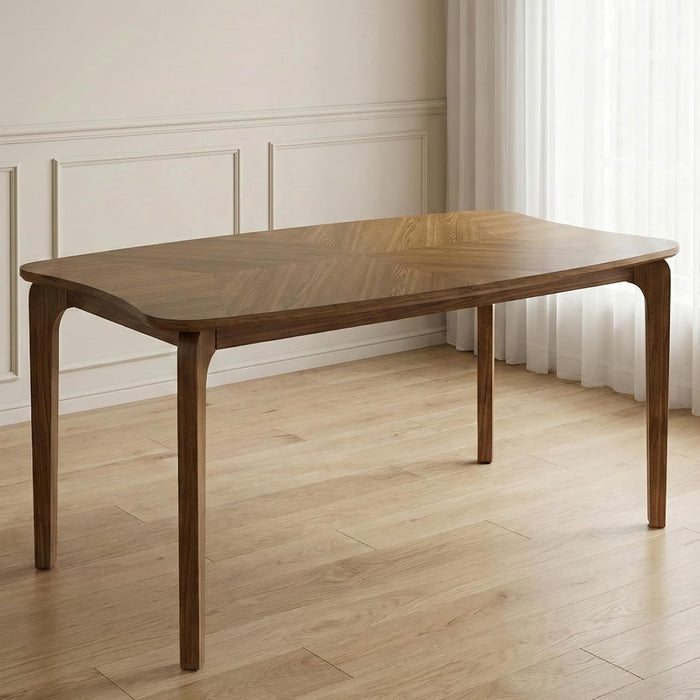Mid-Century Modern Walnut Color Dining Table, 63" Rectangular Kitchen Table with Solid Wood Legs, Curved Edges, 6-Person Table for Dining Room Living Room Kitchen