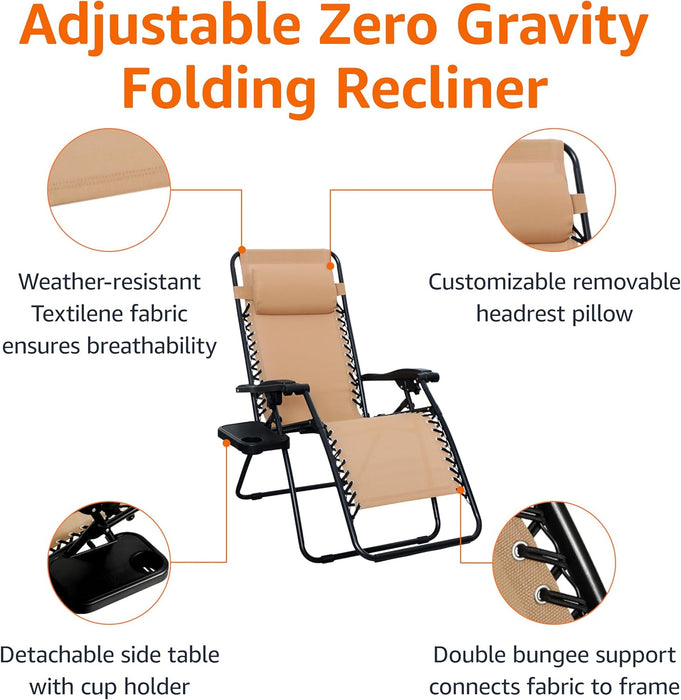 Outdoor Textilene Adjustable Zero Gravity Folding Reclining Lounge Chair Set with Cup Holder, Side Table, Headrest, Weather-Resistant, 35 X 26 X 43 Inches, Beige, 2-Pack