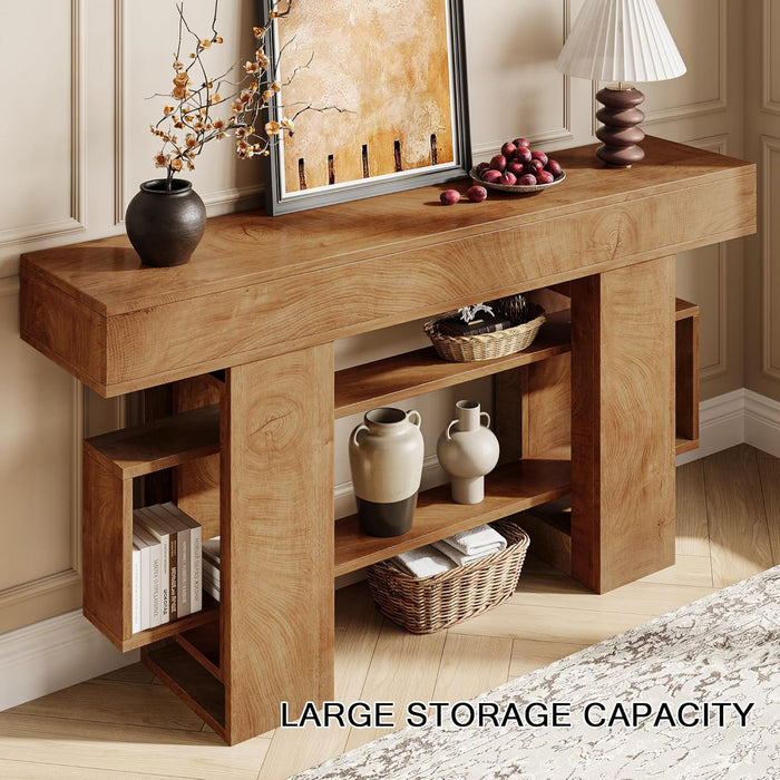 63 Inches Entryway Table, Wooden Console Table with Storage, Narrow Sofa Table behind Couch, Farmhouse Long Entry Hallway Tables for Entrance, Foyer, Living Room, Natural Brown