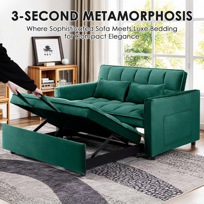 Sleeper Sofa Bed,55'' Convertible Pull Out Couch with Side Pockets,Velvet Fabric Loveseat Sleeper Sofa with Adjustable Backrest for Living Room,Bedroom,Apartment and Small Space, Green