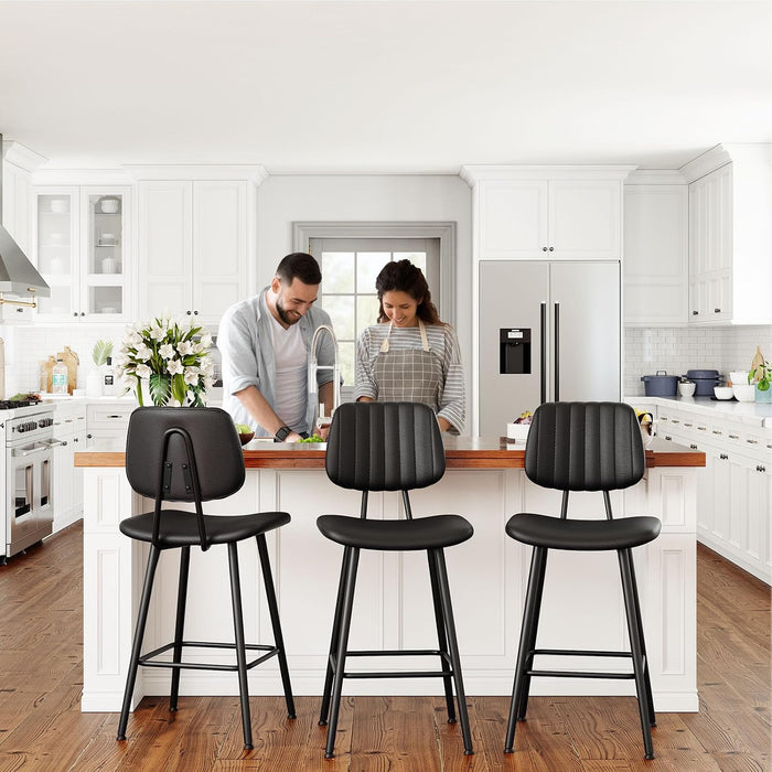 24-Inch Leather Bar Stools Set of 3 with High Backrest, Black | Faux Leather, Counter Height Barstools, Heavy Duty Metal Legs, with Footrest, for Kitchen Island