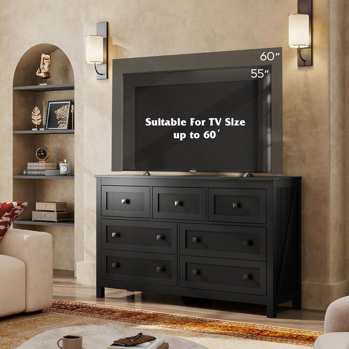 Farmhouse Dresser for Bedroom, 51.18'' Wide 7 Drawer Wood Dresser, Black TV Stand for 65 Inch TV, Wooden Chest of Drawers for Bedroom, Modern Clothes Organizer for Living Room, Hallway