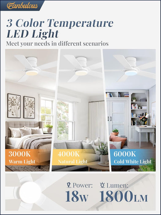 Ceiling Fans with Lights and Remote, 42 Inch Low Profile Flush Mount Ceiling Fan,White Modern Ceiling Fan with LED Light for Bedroom Indoor Outdoor-5 Reversible Blades, 3CCT, 6 Speeds, Timer