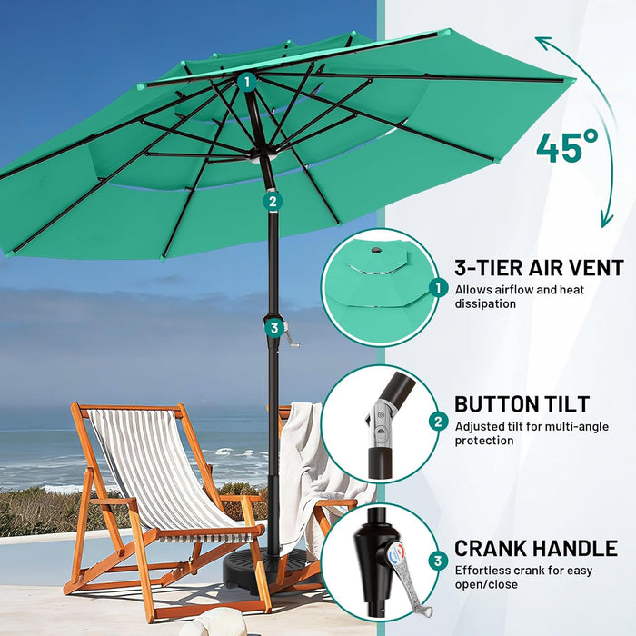9Ft 3-Tier Patio Umbrellas, Outdoor Umbrella with 8 Sturdy Ribs UV Protection Windproof, Market Table Umbrella W/Push Button Tilt & Crank for Pool, Porch, Deck, Garden(Aruba Blue)