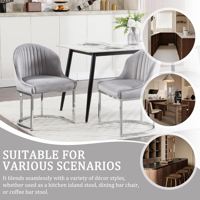 Velvet Dining Chair Set of 4, Modern Upholstered Kitchen Chair with Silver Metal Legs, Kitchen & Dining Room Chairs for Restaurant/Bedroom/Living Room (Grey, Set of 4)