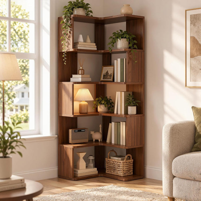 6-Tier L-Shaped Corner Bookshelf, 63" Freestanding Bookcase with Baffle