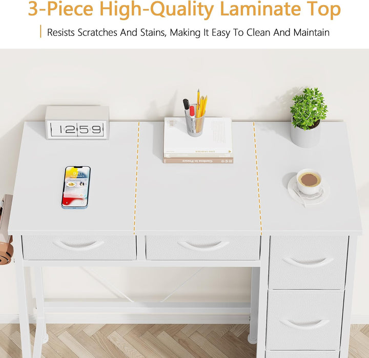 33" Small Computer Desk with 5 Fabric Drawers, White, 14.2" D