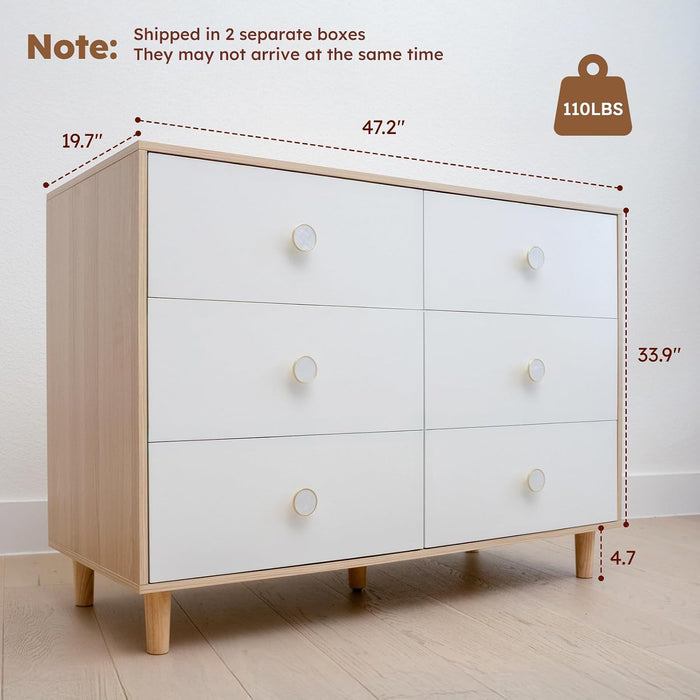 White Baby Dresser for Bedroom, 6 Drawer Organizer for Closet Storage