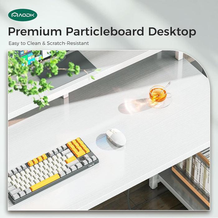 Computer Desk, 48 Inch Gaming Desk with Led Lights & Power Outlet, Office Desk with Printer Storage Shelves, Reversible Desk with Monitor Shelf & Headphone Hook, White