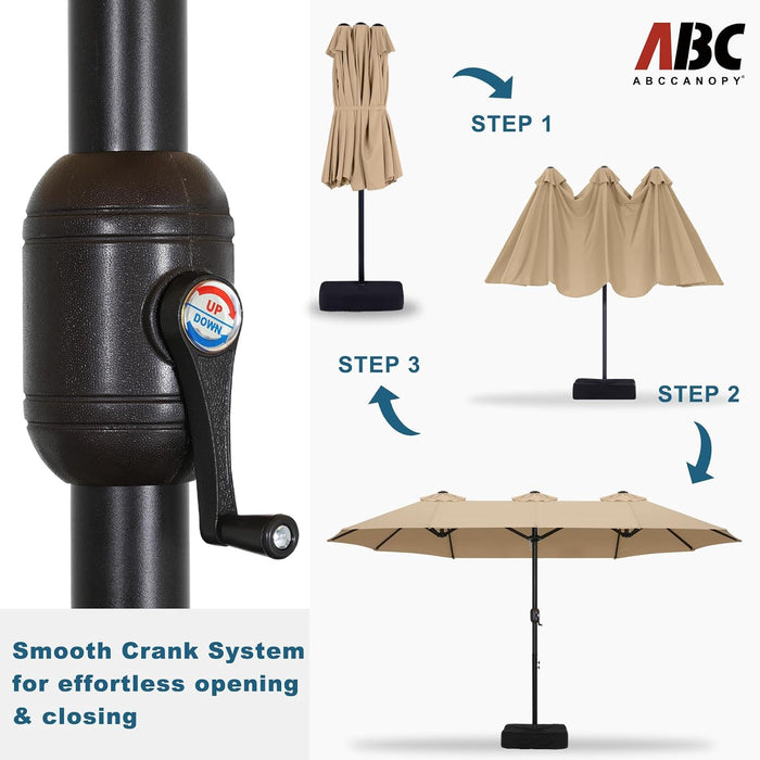 15FT Patio Umbrella with Base, Outdoor Double-Sided Rectangle Umbrella Bonus Latch, Wights for Poolside, Lawn, Backyard (Khaki)