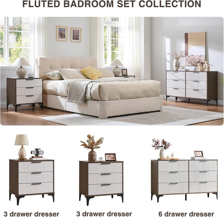 47" Wide Fluted 6 Drawer Dresser for Bedroom, Walnut/White