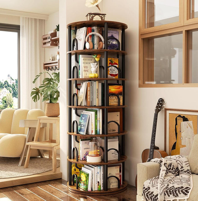6 Tier Rotating Bookshelf Tower, Revolving Bookcase, 360° round Spinning Book Shelf, Narrow Swivel Bookshelves Vertical Turning Corner Bookshelf Organizer for Small Space, Rustic Brown