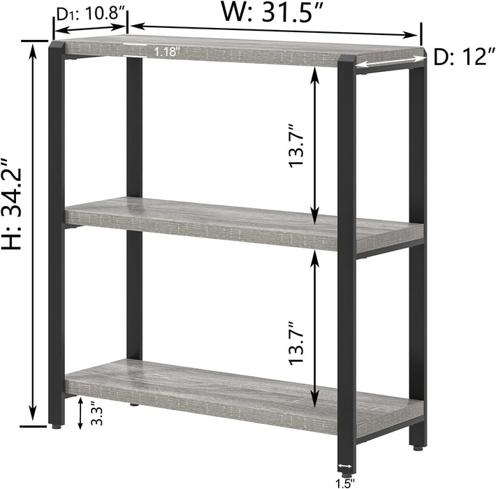 3 Tier Bookshelf, Industrial Wood and Metal Book Shelf and Bookcase, Short Book Case for Office Living Room Bedroom, Light Grey