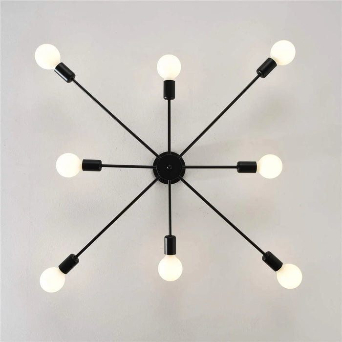 8-Light Sputnik Chandelier Black Industrial Semi Flush Mount Ceiling Light Fixture Mid Century Modern Pendant Light for Kitchen Farmhouse Living Room