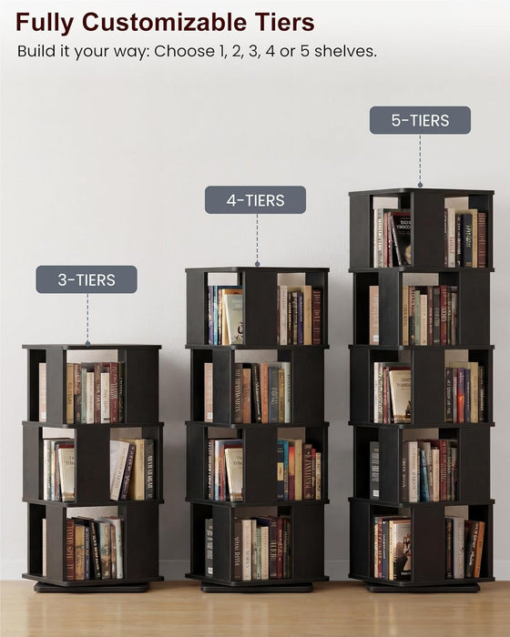 5-Tier Rotating Bookshelf Tower, 360° Spinning Modern Book Storage Bookcase, Stable Display Corner Book Shelf for Kids Room, Living Room, Bedroom, Home Office, Black