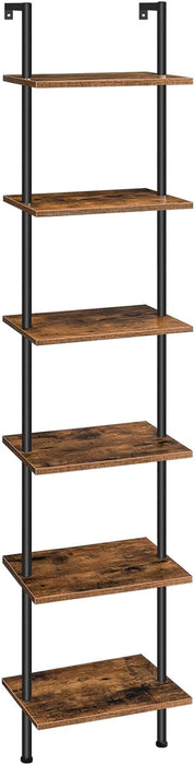 DIY Ladder Shelf, 6-Tier Wooden Wall Mounted Bookshelf, Narrow Bookcase, Display Shelf, Storage Rack, Plant Stand, for Living Room, Bedroom, Study, Balcony, Rustic Brown and Black BF651CJ01
