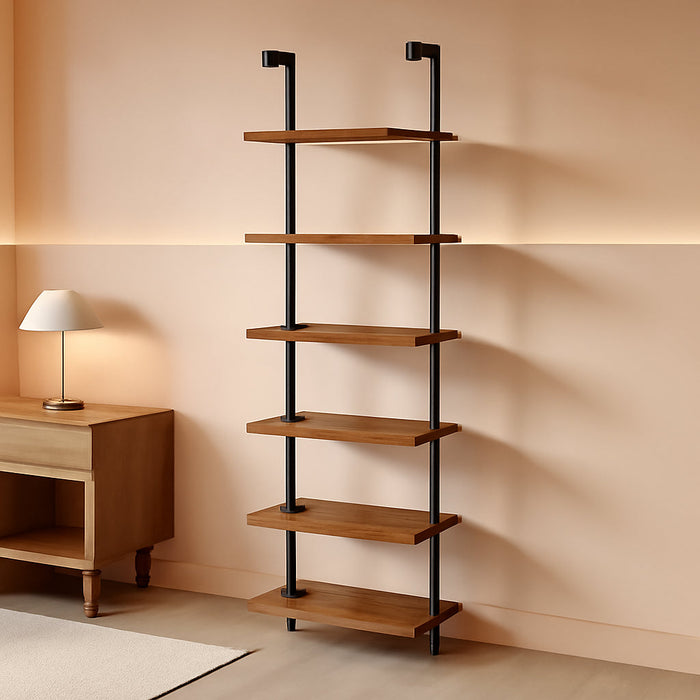 DIY Ladder Shelf, 6-Tier Wooden Wall Mounted Bookshelf, Narrow Bookcase, Display Shelf, Storage Rack, Plant Stand, for Living Room, Bedroom, Study, Balcony, Rustic Brown and Black BF651CJ01