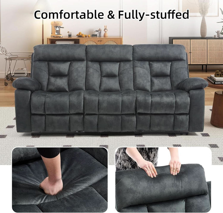 Reclining Sofa for Living Room, Extra Wide Modern Overstuffed 3 Seat Recliner Manual Sofa with Hidden Armrest Cup Holders, Soft Breathable Fabric and Padded Seat, Grey