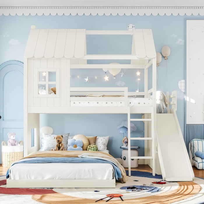 NaturalPineDurable TwinOverFull BunkBed WithSlide StorageChest Playhouse Framework
