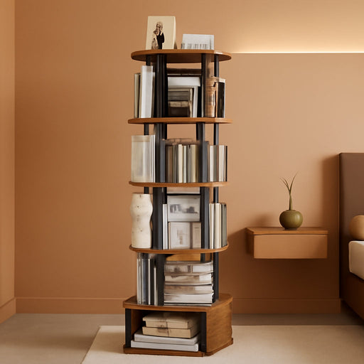 Rotating Bookshelf With Storage Cabinet Vintage Brown