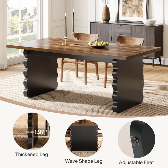 63-Inch Wooden Dining Table for 4-6 People, Modern Large Rectangular Kitchen Table with Thick Black Wave-Shaped Legs for Dining Room, Restaurant