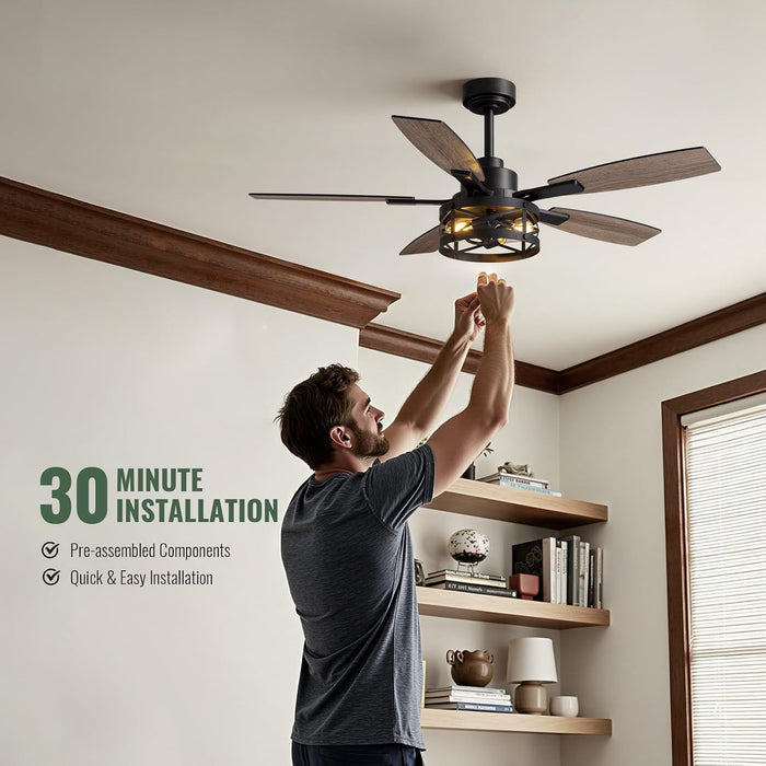 52 Inch Ceiling Fan with Light and Remote Control, Farmhouse Ceiling Fan with LED Lighting for Bedroom Living Room and Patio, Black Caged Ceiling Fan for Indoor and Outdoor(No Bulbs)