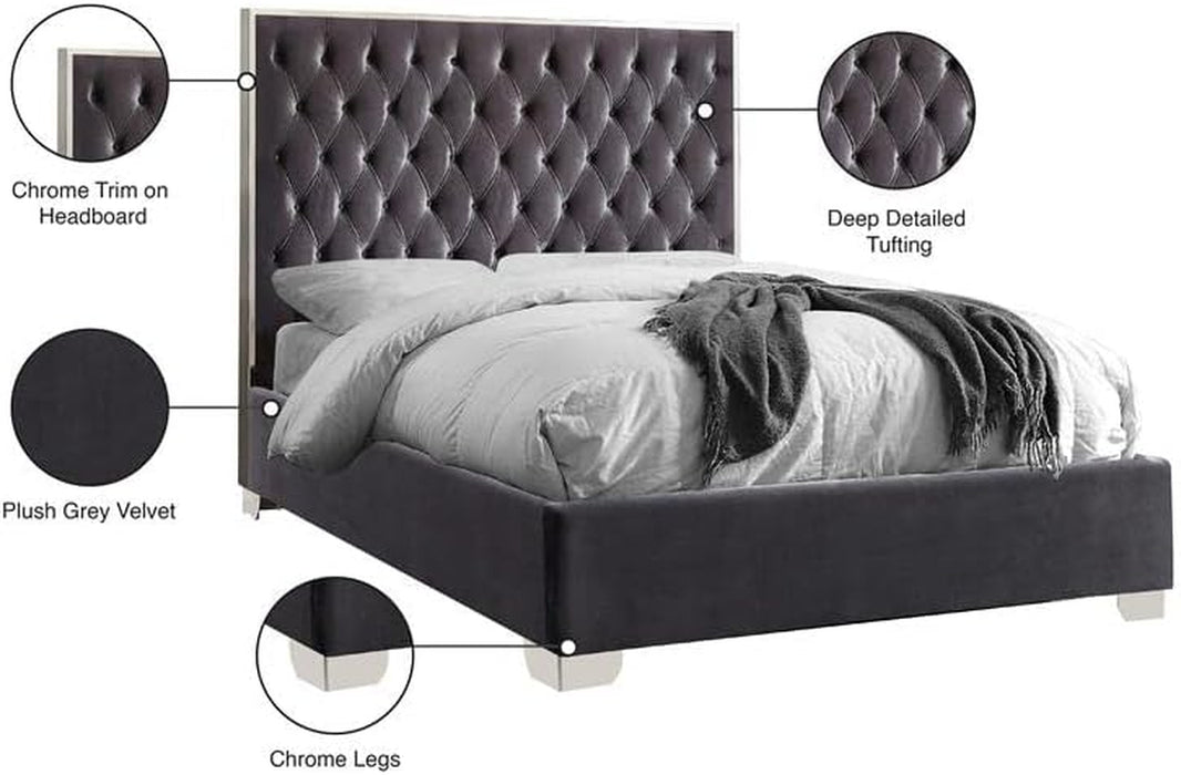 Lexi Collection Modern | Contemporary Velvet Upholstered Bed with Deep Tufting, Polished Chrome Stainless Steel Frame and Legs, Queen, Grey