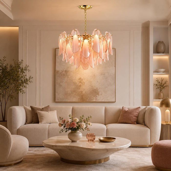 Modern Chandelier, 20" Gold Dining Room Chandelier with Handcrafted Glass Petal Design, 6-Light Hanging Ceiling Light Fixture, 3 Color Adjustable Pendant Lamp for Kitchen Island, Bedroom, Foyer