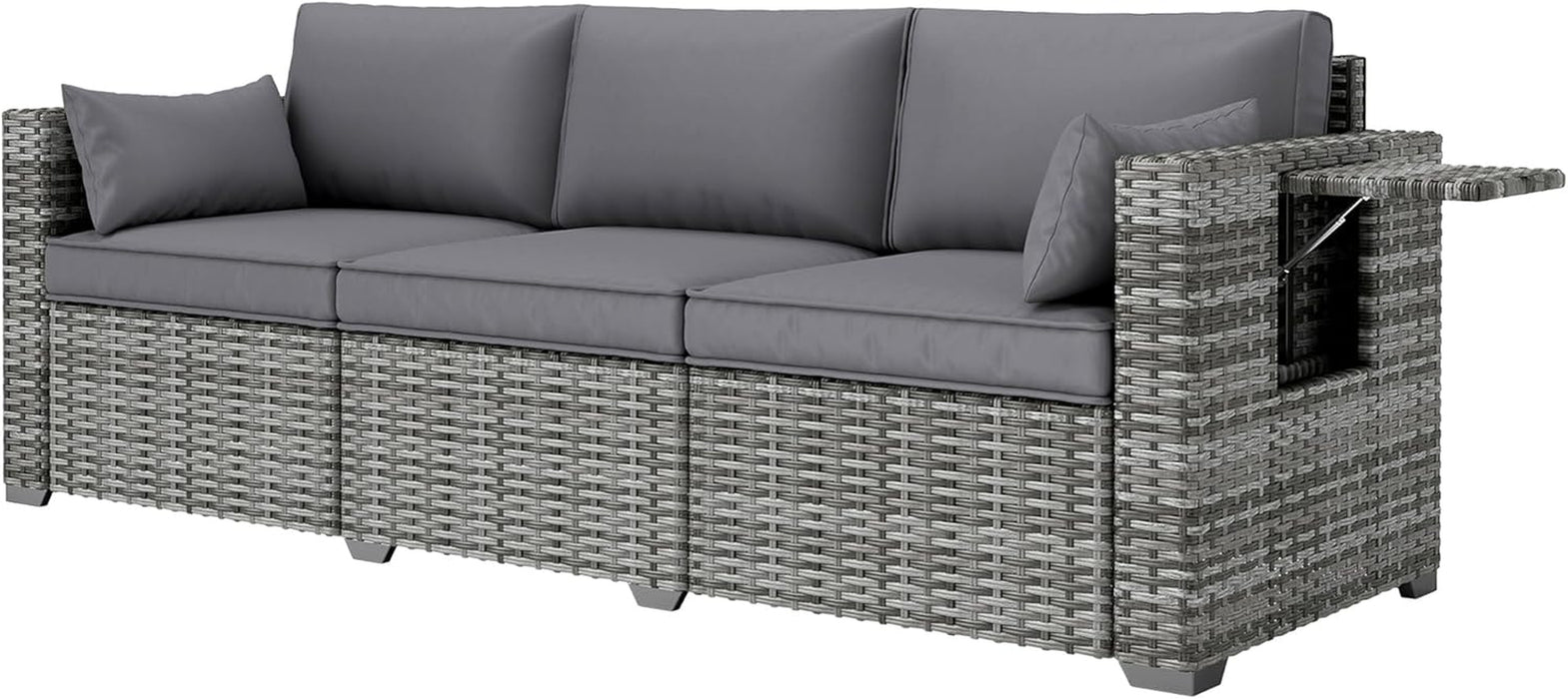 3 Seater Wicker Sofa with Side Tray Tables, Rattan Outdoor Patio Sofa with 6" Thick Back Cushions, Outdoor Wicker Couch with Deep Seating, Pillows for Porch, Garden, Backyard, Mixed Gray