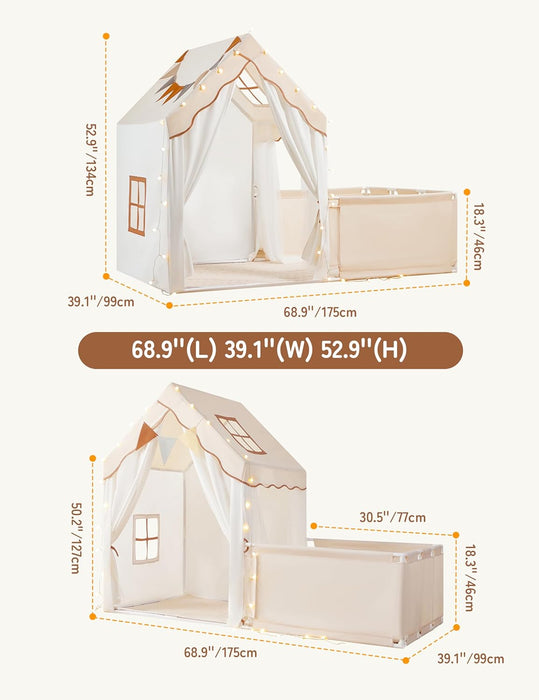 Kids Play Tent with Enclosure, Toddler Tent 2 in 1 with Padded Mat and Lights, Large Playhouse for Kids, Indoor & Outdoor, Christmas Toddler Playhouse, 69" X39" X 53"