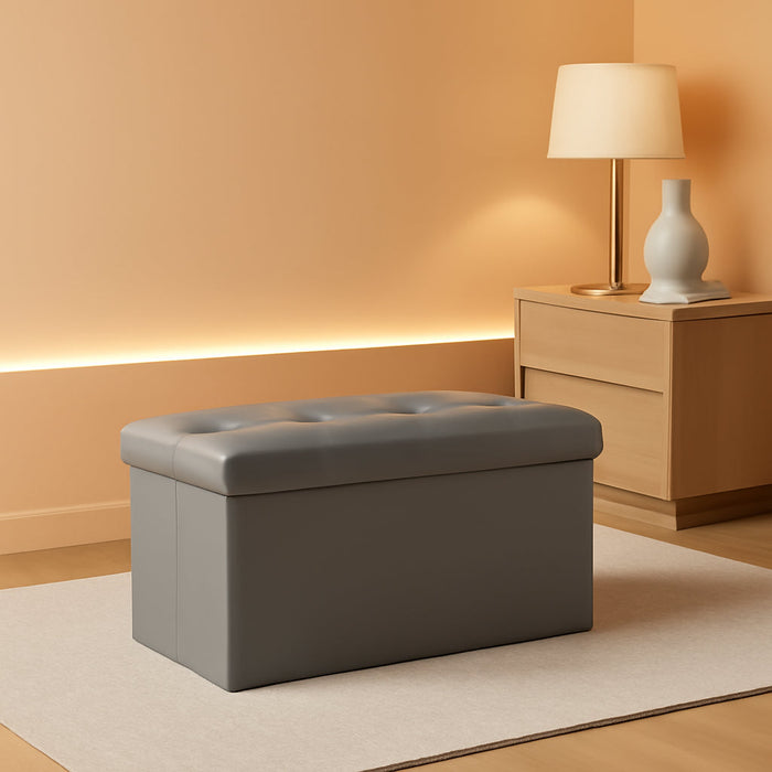 Storage Ottoman - 30-Inch Folding Faux Leather Footrest, Linen Chest, or Bench with Removable Divider for Living Room or Bedroom by  (Gray)