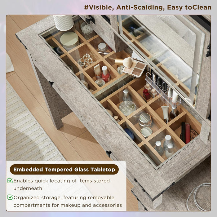 48'' Farmhouse Makeup Vanity Desk with Sliding HD Mirror and Lights, Big Modern Lighted Vanity Table with 7 Drawers & Shelves, Rustic Large Dressing Table for Bedroom, Light Rustic Oak