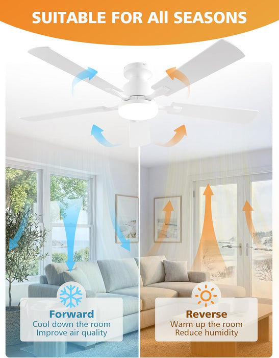 52 Inch Ceiling Fan with Lights Flush Mount, Low Profile Ceiling Fans with Lights, Remote&App Control,Dimmable 22W LED Light,Queit&Reversible Fan, White Ceilings Fans for Bedroom, Living Room