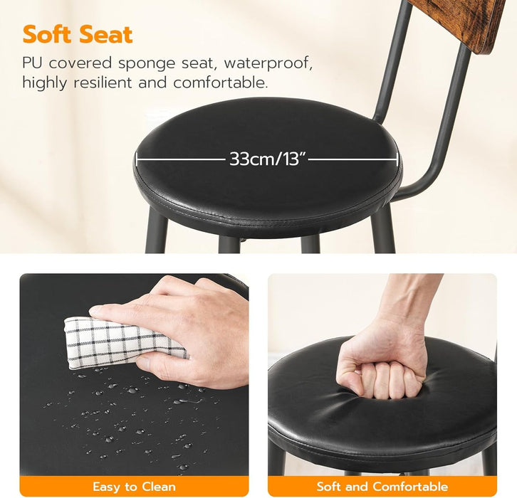 Bar Stools, Bar Stools Set of 2 with PU Upholstered, Bar Chairs with Footrest and Back, 26" Bar Stools for Kitchen Island, Dining Room, Easy to Assemble, Rustic Brown and Black BF31BY01G1