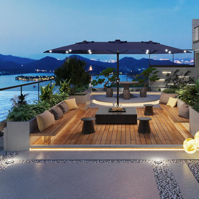 15FT Outdoor Patio Umbrella,Double-Sided Rectangle Market Umbrella with 36 LED Solar Lights & Base,Uv50+ Weather-Resistant Oversized Outdoor Umbrella,Crank Lift,3-Way Shade for Pool,Garden,Backyard