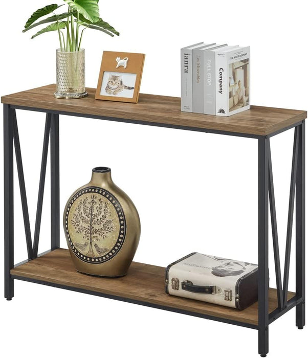 Rustic Sofa Console Table, 2-Tier Industrial Entryway Hallway Table for Living Room, Oak