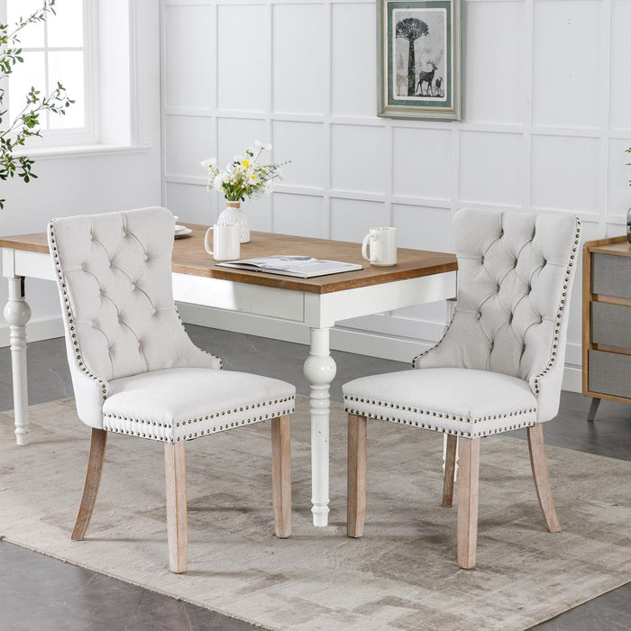 Beige Dining Chairs Set of 4, Upholstered Tufted Linen Fabric Dining Room Chairs with High Back, Nailhead Trim and Solid Wood Legs, Modern Dining Chair for Dining Room, Kitchen(Beige)