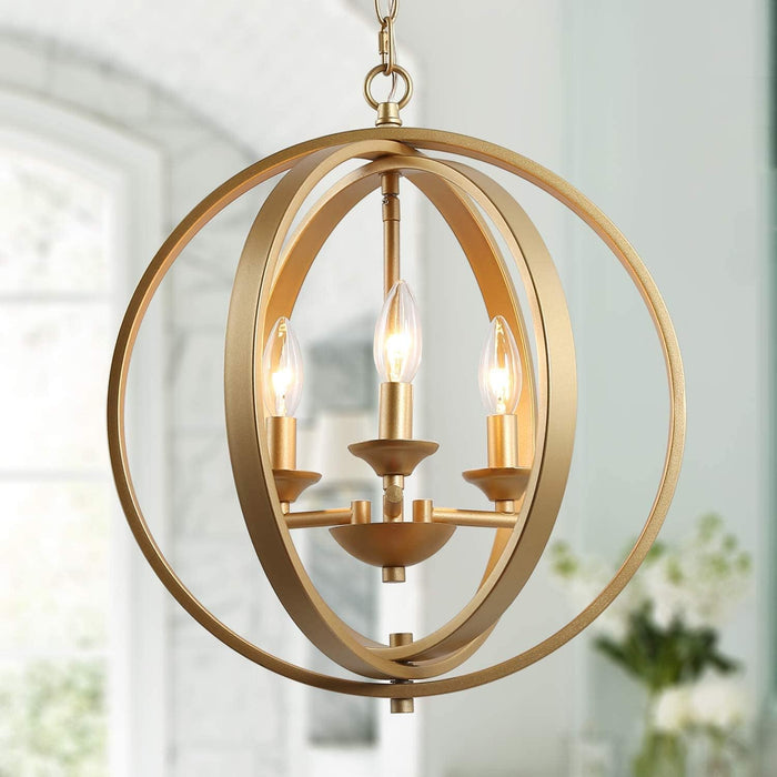 Gilded Orbital Chandelier Three Light Pendant Fixture