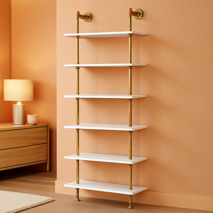Industrial Gold Bookshelf-6 Tier Wall Mounted Ladder Bookshelf, Rustic Gold Storage Book Shelves Display Bookcases for Living Room/Home/Office