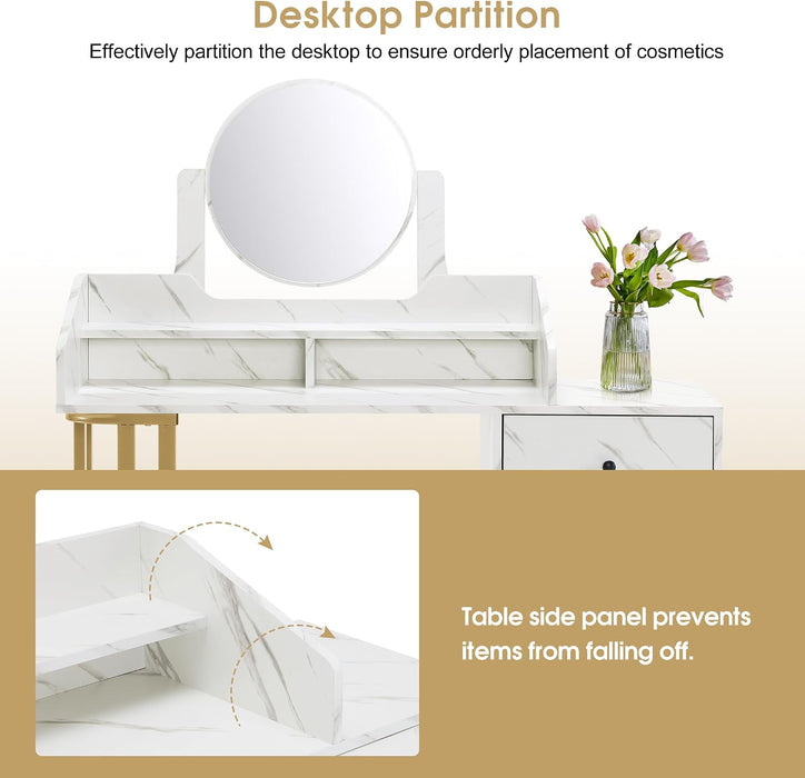 Light Luxury Dressing Table with Storage Cabinet, Modern Vanity Desk with Drawer, Home Makeup Station for Bedroom, Metal Dresser with Adjustable Mirror 3388 (White)