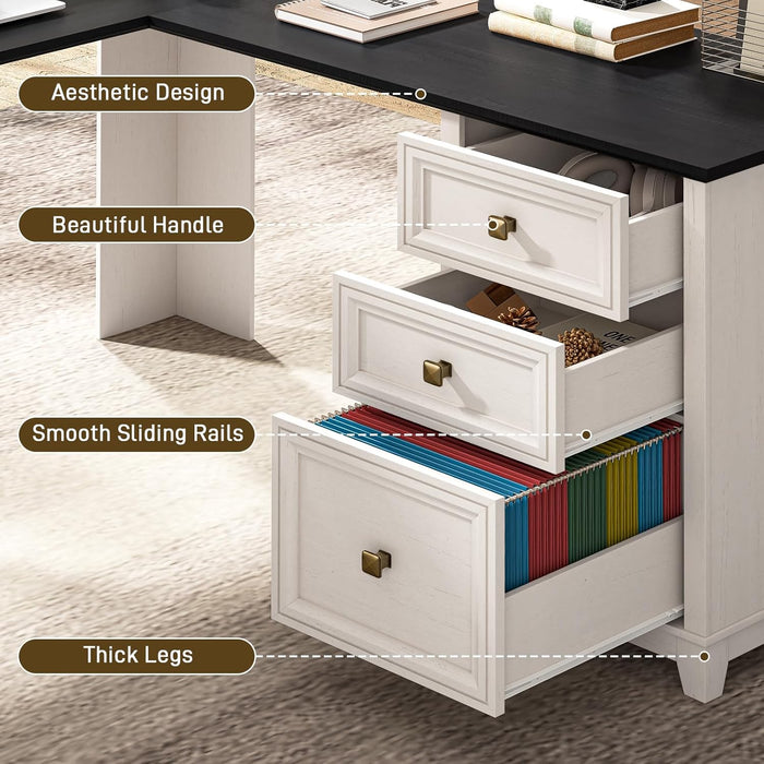 Farmhouse L Shaped Executive Desk with 6 Drawers, 69’’ Wood Home Office Desk with File Cabinet, Writing Corner Computer Desk for Home Office, Work, Study, White and Black