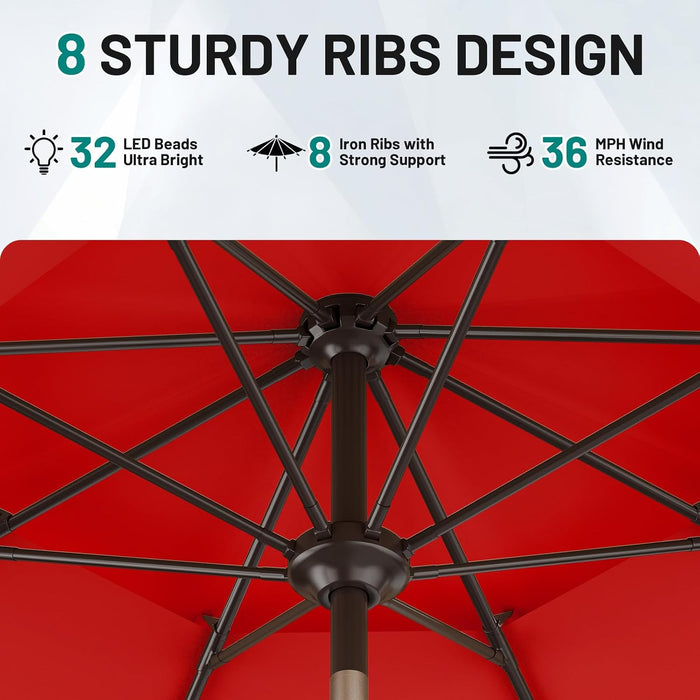9Ft 2 Tiers Patio Umbrella with Solar Lights, Outdoor Umbrella W/ 32 LED Lights&8 Sturdy Ribs, Table Umbrella for Deck, Backyard, Pool(Red)