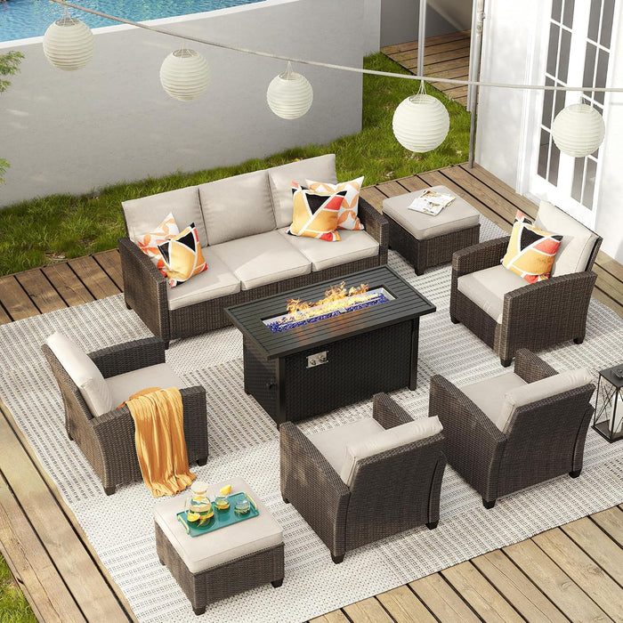 8 Pieces Patio Furniture Set with 45-Inch Firepit, Outdoor Wicker Conversation Set with 3-Seat Sofa, 4 Single Wicker Sofa and Metal Top Firepit with 2 Ottoman for Garden, Yard, Beige Cushion