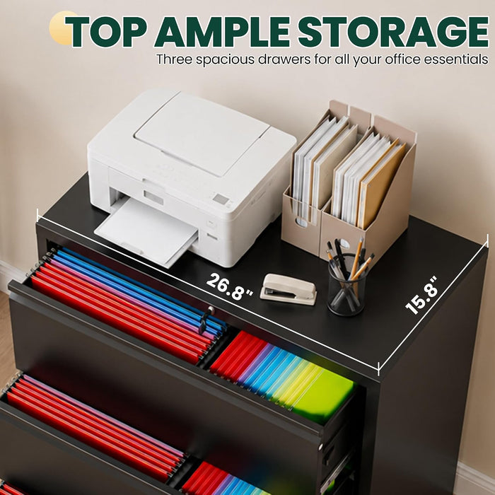 3 Drawer Lateral File Cabinet with Lock, File Cabinet for Home Office,Black