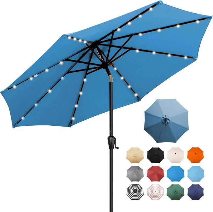 9' round Patio Umbrella with 32 Solar Powered LED Lights, Push-Button Tilt and Hand Crank Lift, Solar Umbrella in Teal for Porch, Deck, and Patio by