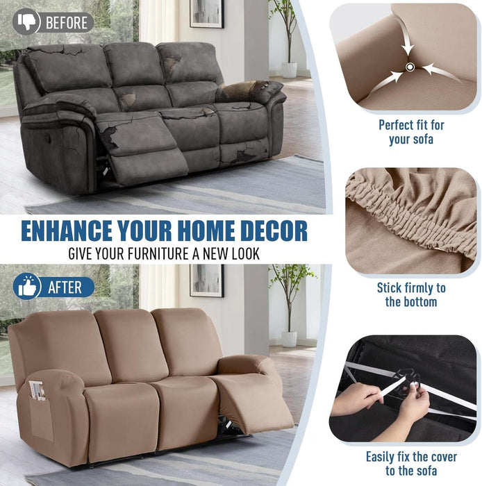 Recliner Sofa Slipcover, 3 Pieces Polyester Fabric Stretch Sofa Covers for 3 Seat Reclining Couch, Soft Washable Furniture Protector with Pockets (3 Seat, Khaki)