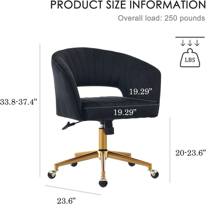 Home Office Chair Swivel Velvet Desk Chair, Vanity Chair with 360 Swivel Armchair and Gold Base,For Living Room, Bedroom, Vanity, Study (Black)